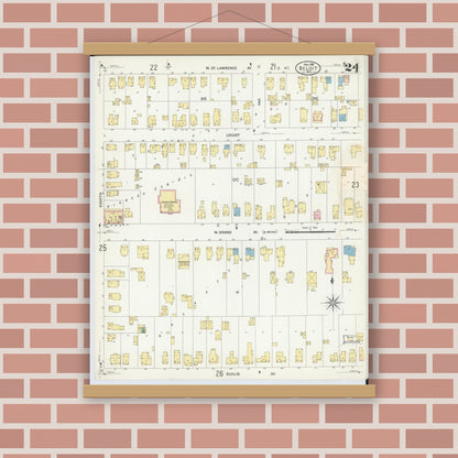 Old map wall art mockup — magnetic wood frame on brick wall — Sanborn Fire Insurance Map from Beloit, Rock County, Wisconsin (1908), Sheet #0024