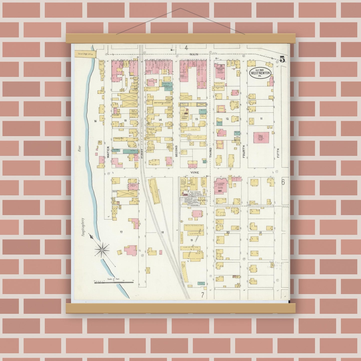Old map wall art mockup — magnetic wood frame on brick wall — Sanborn Fire Insurance Map from West Newton, Westmoreland County, Pennsylvania (1905), Sheet #0005
