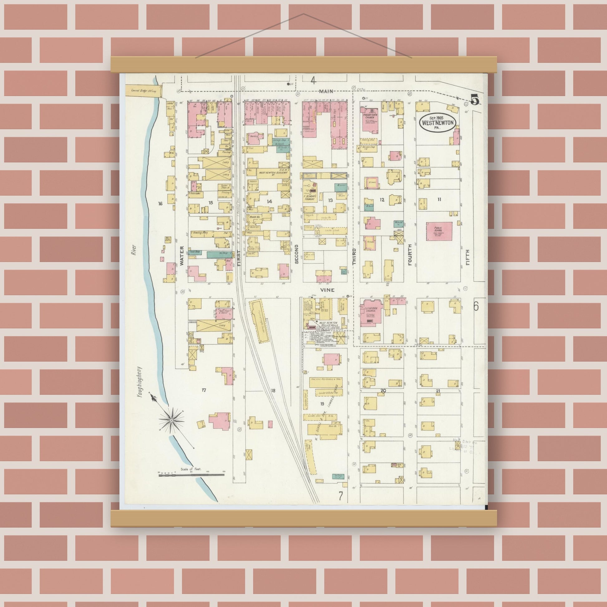 Old map wall art mockup — magnetic wood frame on brick wall — Sanborn Fire Insurance Map from West Newton, Westmoreland County, Pennsylvania (1905), Sheet #0005
