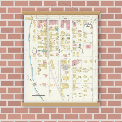 Old map wall art mockup — magnetic wood frame on brick wall — Sanborn Fire Insurance Map from West Newton, Westmoreland County, Pennsylvania (1905), Sheet #0005