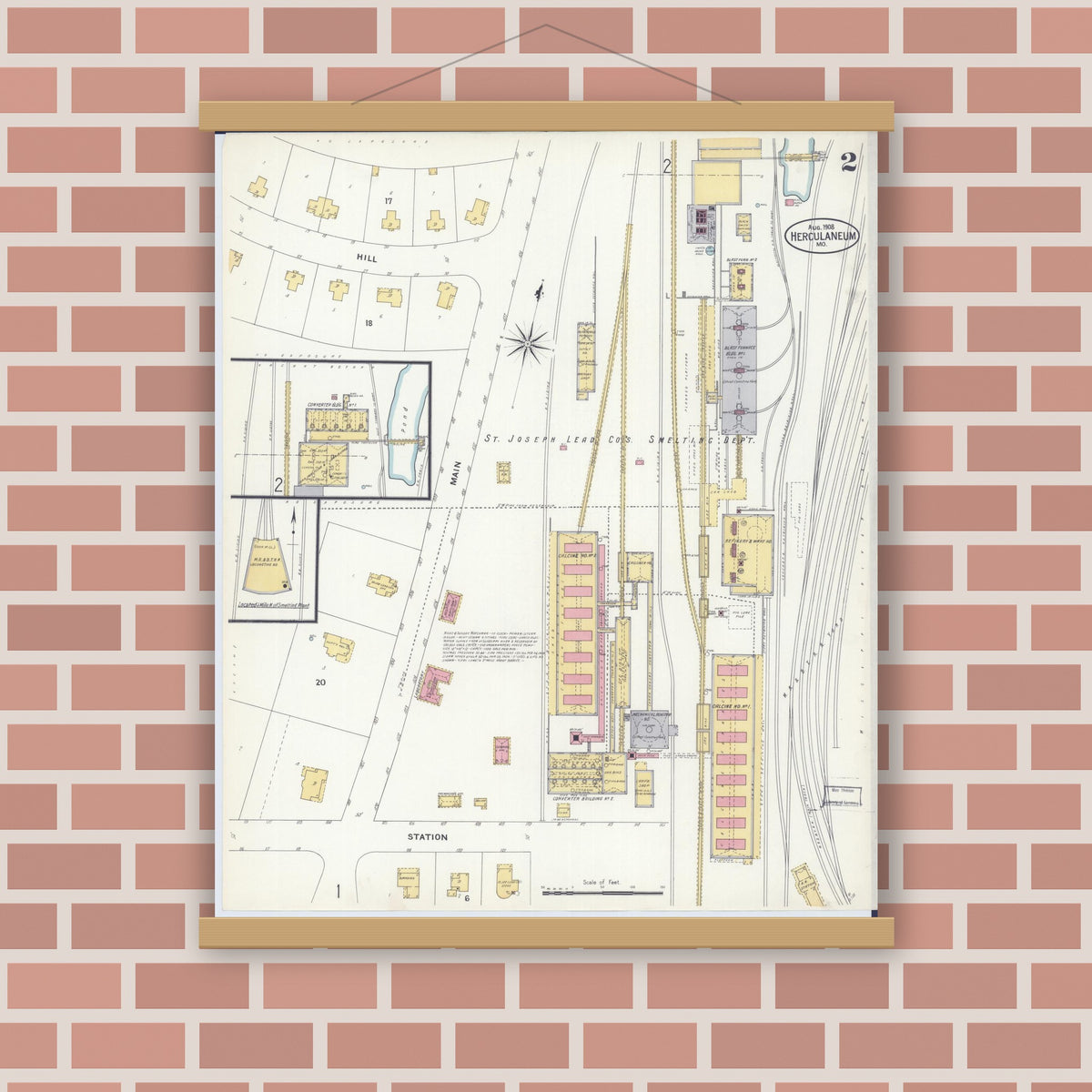 Old map wall art mockup — magnetic wood frame on brick wall — Sanborn Fire Insurance Map from Herculaneum, Jefferson County, Missouri (1908), Sheet #0002