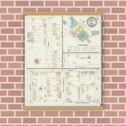 Old map wall art mockup — magnetic wood frame on brick wall — Sanborn Fire Insurance Map from Cadiz, Harrison County, Ohio (1897) - Complete Map Set