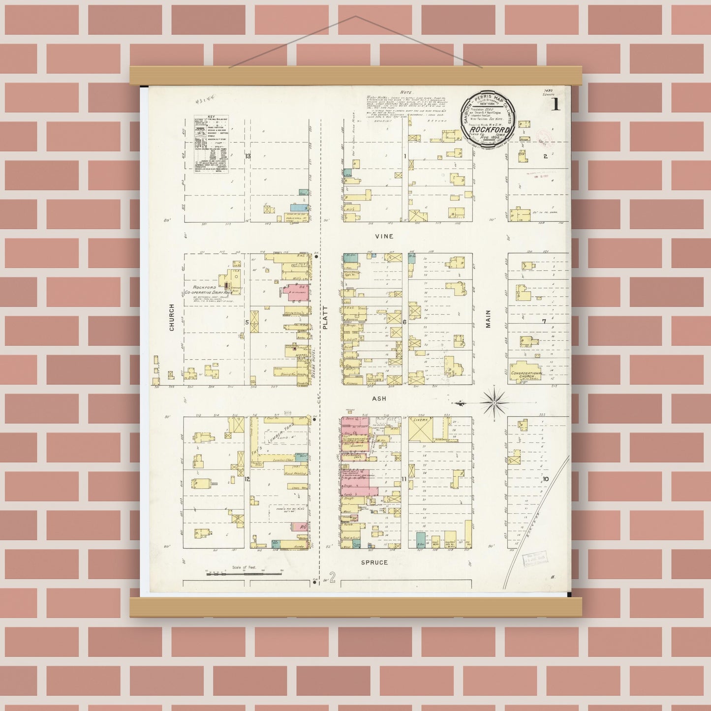 Old map wall art mockup — magnetic wood frame on brick wall — Sanborn Fire Insurance Map from Rockford, Floyd County, Iowa (1894) â€” Complete Set