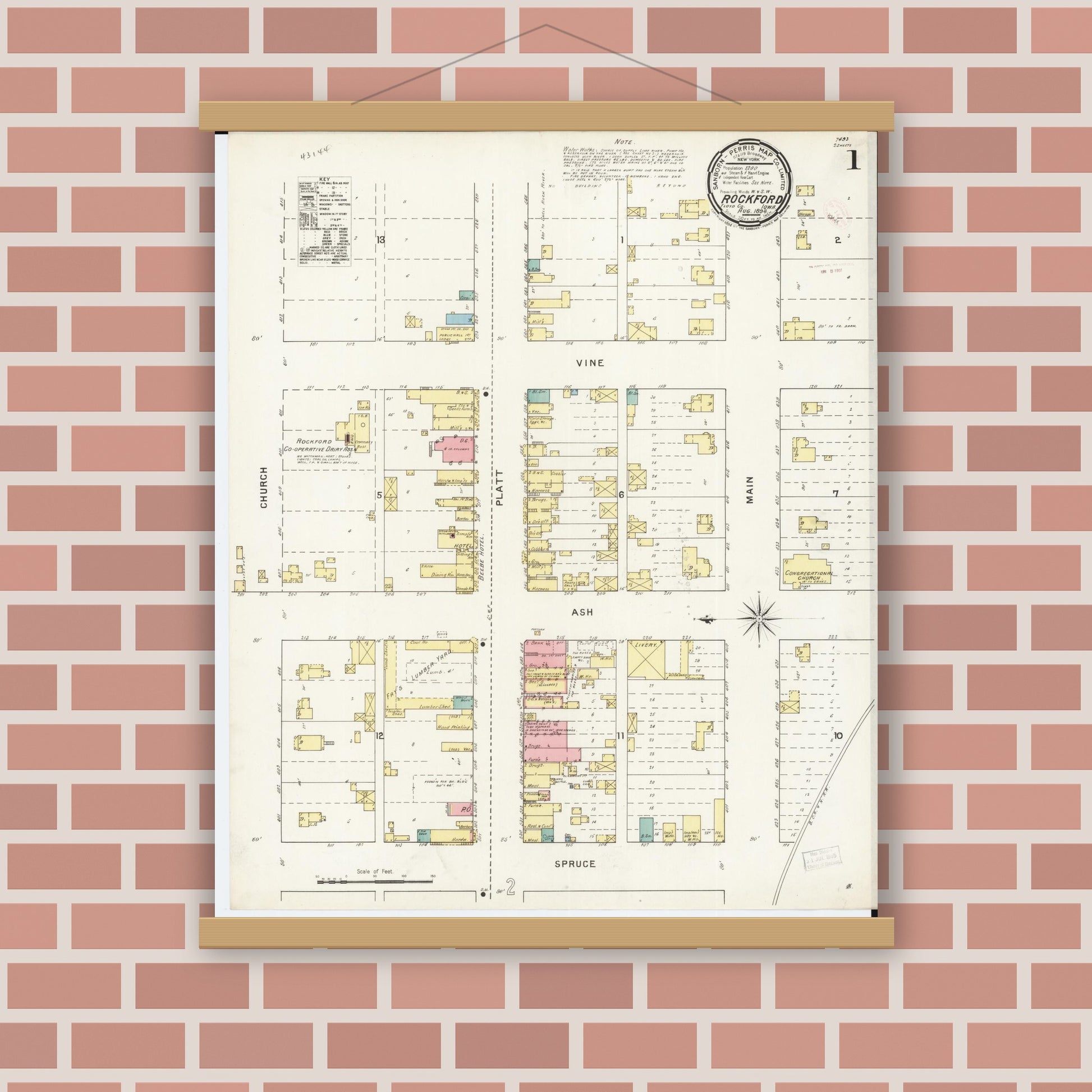Old map wall art mockup — magnetic wood frame on brick wall — Sanborn Fire Insurance Map from Rockford, Floyd County, Iowa (1894) â€” Complete Set