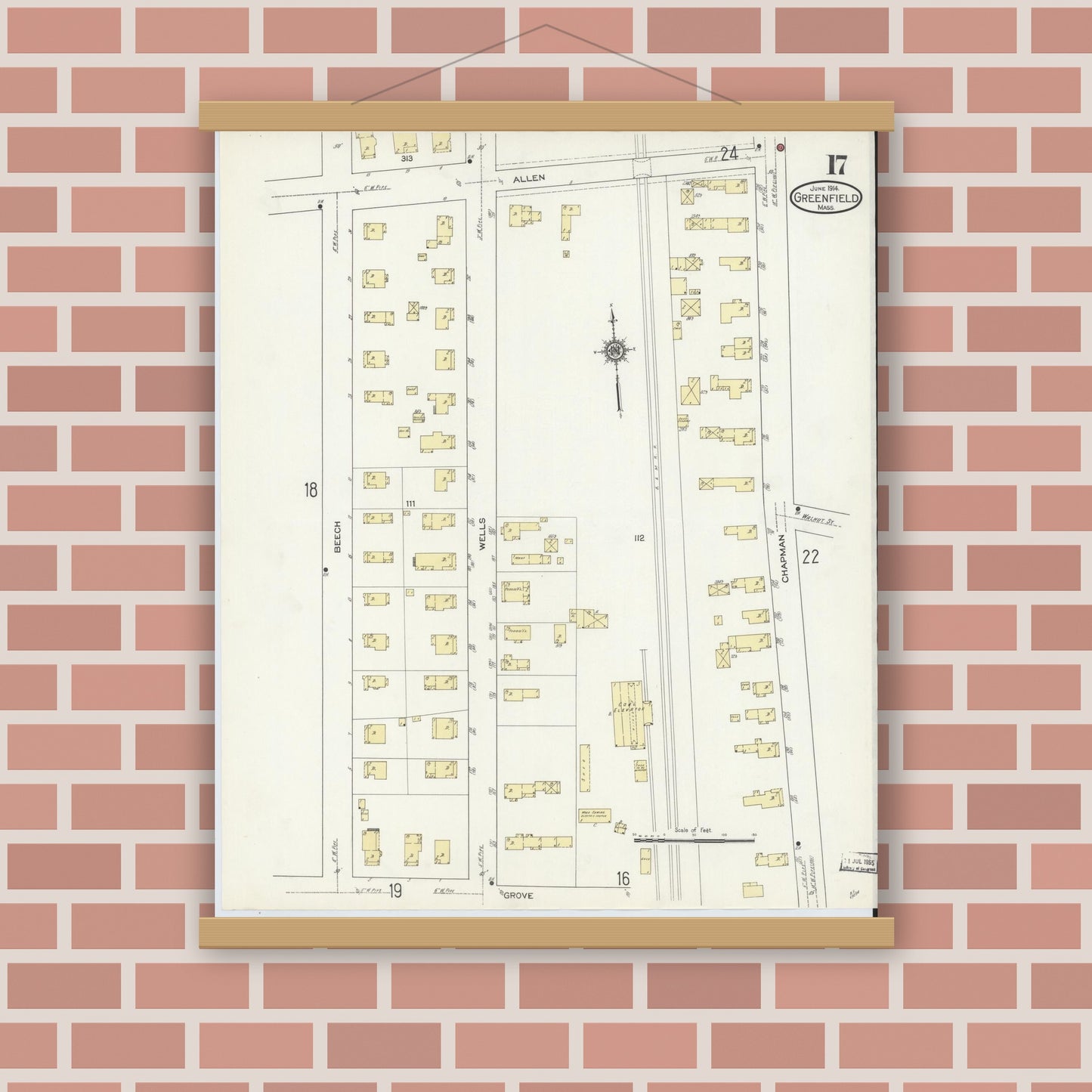 Old map wall art mockup — magnetic wood frame on brick wall — Sanborn Fire Insurance Map from Greenfield, Franklin County, Massachusetts (1914), Sheet #0017