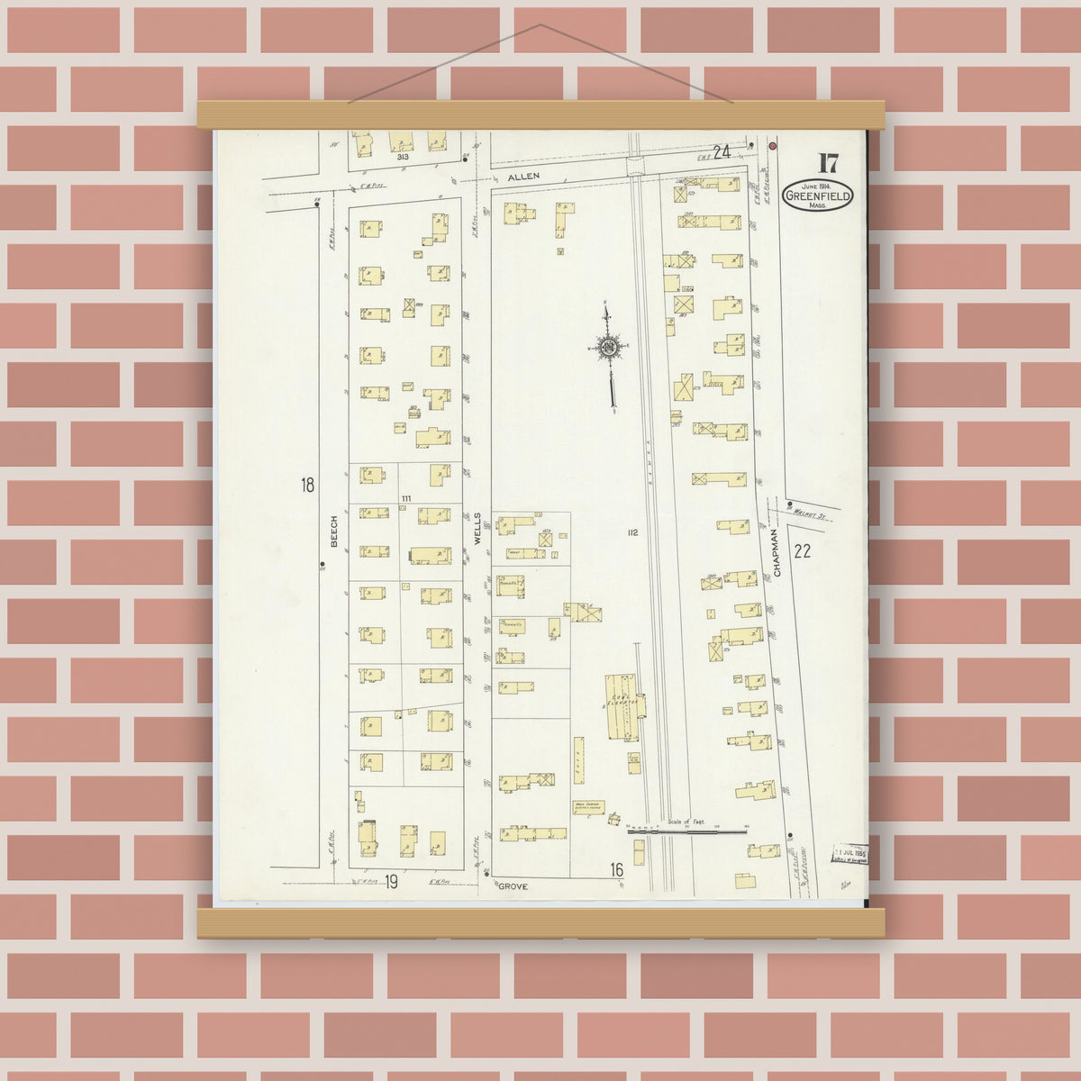 Old map wall art mockup — magnetic wood frame on brick wall — Sanborn Fire Insurance Map from Greenfield, Franklin County, Massachusetts (1914), Sheet #0017