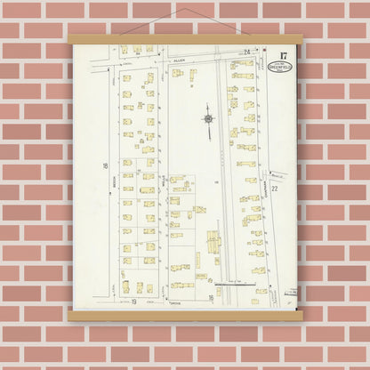 Old map wall art mockup — magnetic wood frame on brick wall — Sanborn Fire Insurance Map from Greenfield, Franklin County, Massachusetts (1914), Sheet #0017