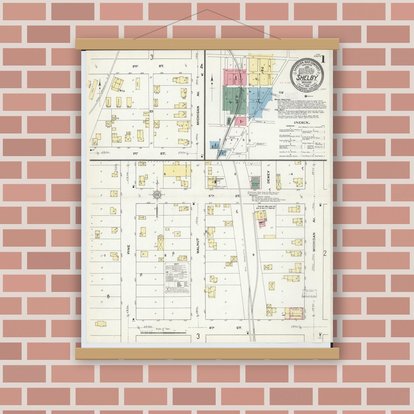 Old map wall art mockup — magnetic wood frame on brick wall — Sanborn Fire Insurance Map from Shelby, Oceana County, Michigan (1910) - Complete Map Set