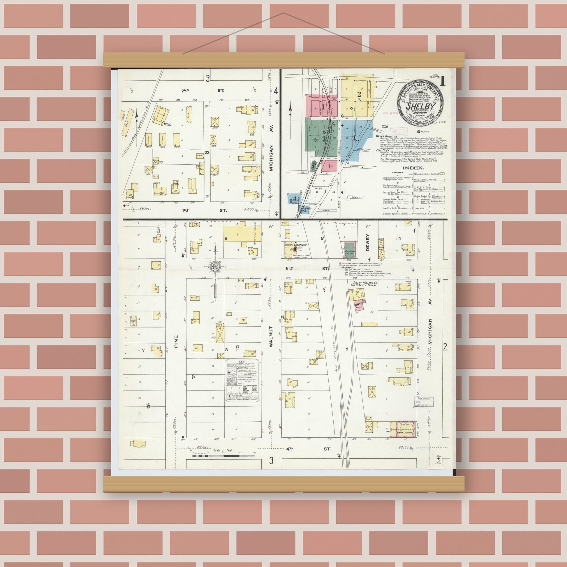 Old map wall art mockup — magnetic wood frame on brick wall — Sanborn Fire Insurance Map from Shelby, Oceana County, Michigan (1910) - Complete Map Set