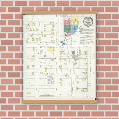 Old map wall art mockup — magnetic wood frame on brick wall — Sanborn Fire Insurance Map from Shelby, Oceana County, Michigan (1910) - Complete Map Set