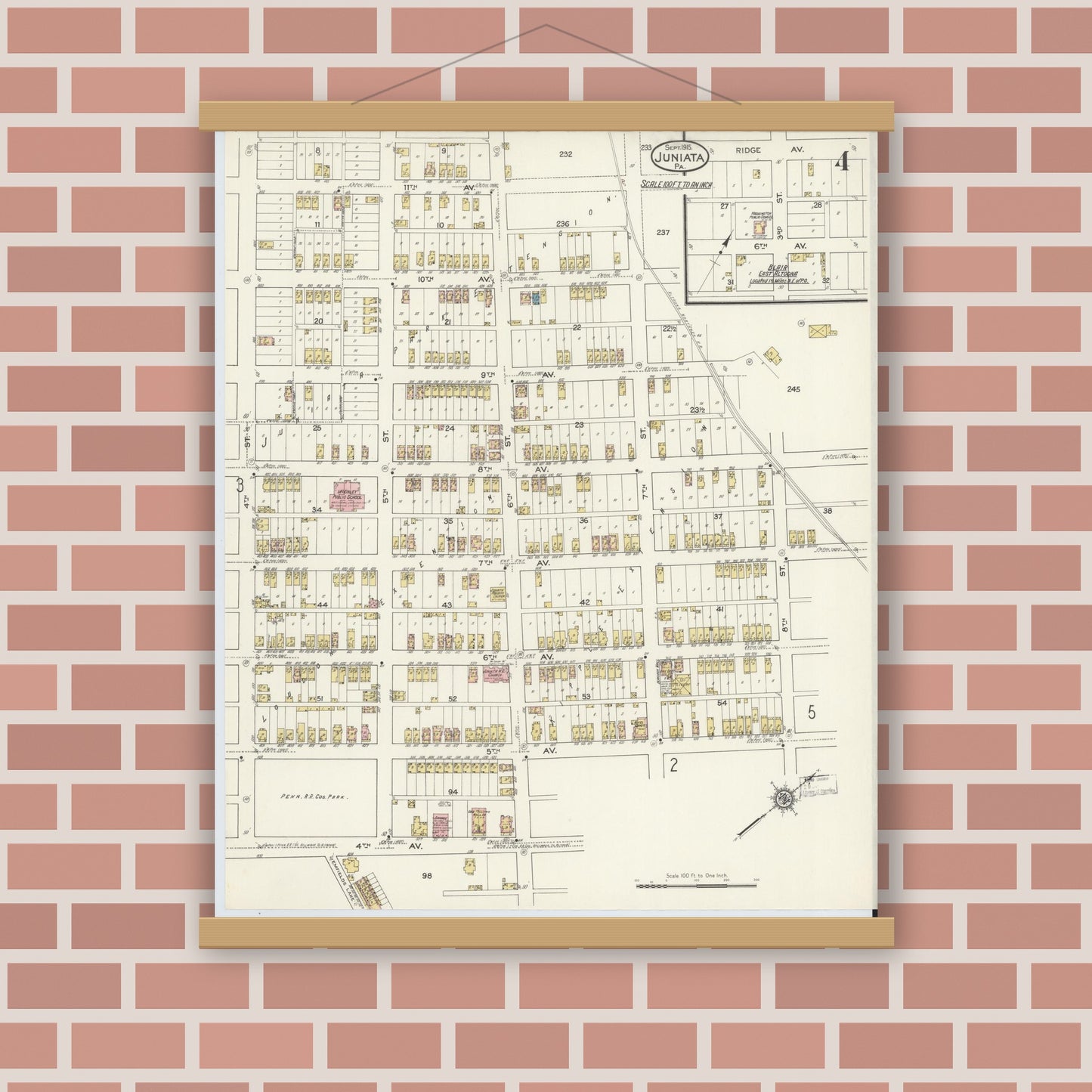 Old map wall art mockup — magnetic wood frame on brick wall — Sanborn Fire Insurance Map from Juniata, Blair County, Pennsylvania (1915), Sheet #0004