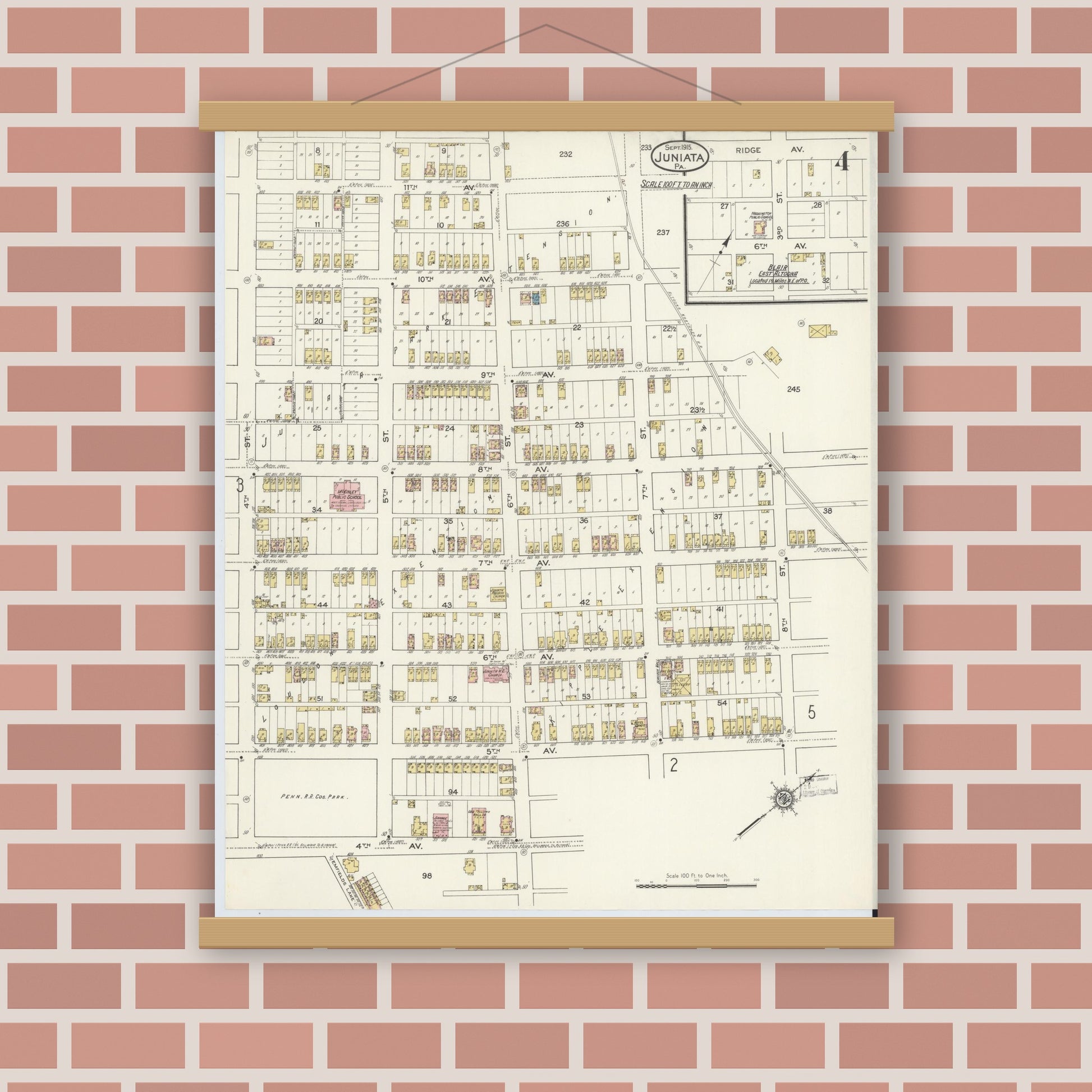 Old map wall art mockup — magnetic wood frame on brick wall — Sanborn Fire Insurance Map from Juniata, Blair County, Pennsylvania (1915), Sheet #0004