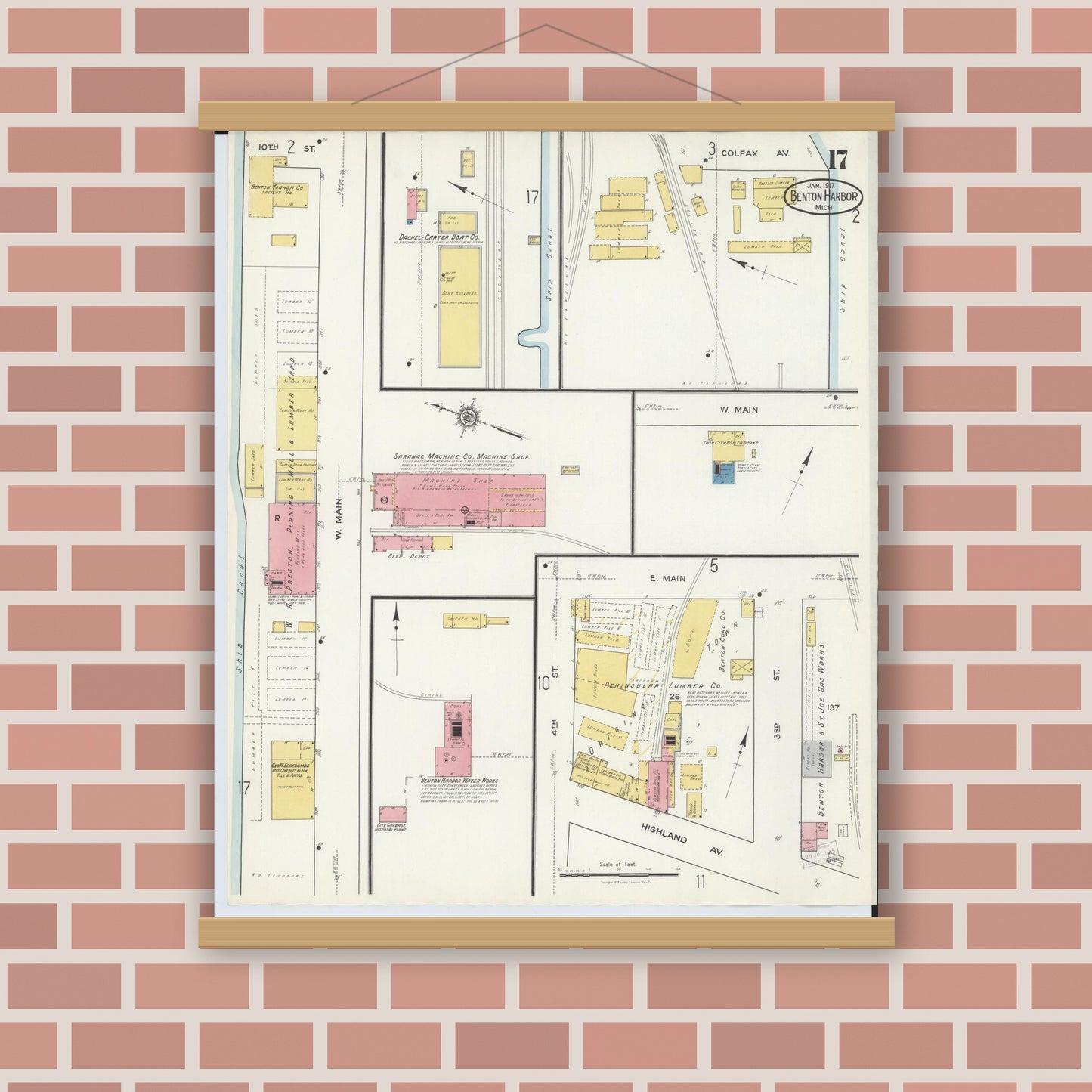 Old map wall art mockup — magnetic wood frame on brick wall — Sanborn Fire Insurance Map from Benton Harbor, Berrien County, Michigan (1917), Sheet #0017