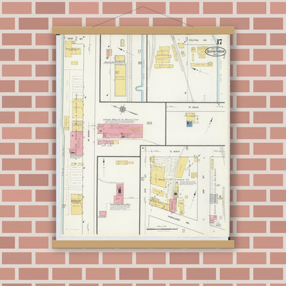Old map wall art mockup — magnetic wood frame on brick wall — Sanborn Fire Insurance Map from Benton Harbor, Berrien County, Michigan (1917), Sheet #0017