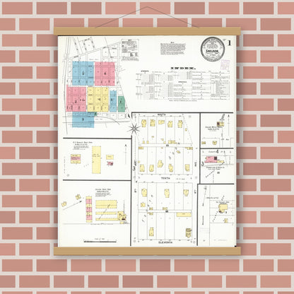 Old map wall art mockup — magnetic wood frame on brick wall — Sanborn Fire Insurance Map from Sheldon, O'Brien County, Iowa (1901), Sheet #0001