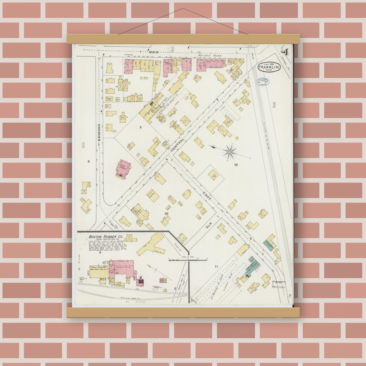 Old map wall art mockup — magnetic wood frame on brick wall — Sanborn Fire Insurance Map from Franklin, Norfolk County, Massachusetts (1894), Sheet #0004