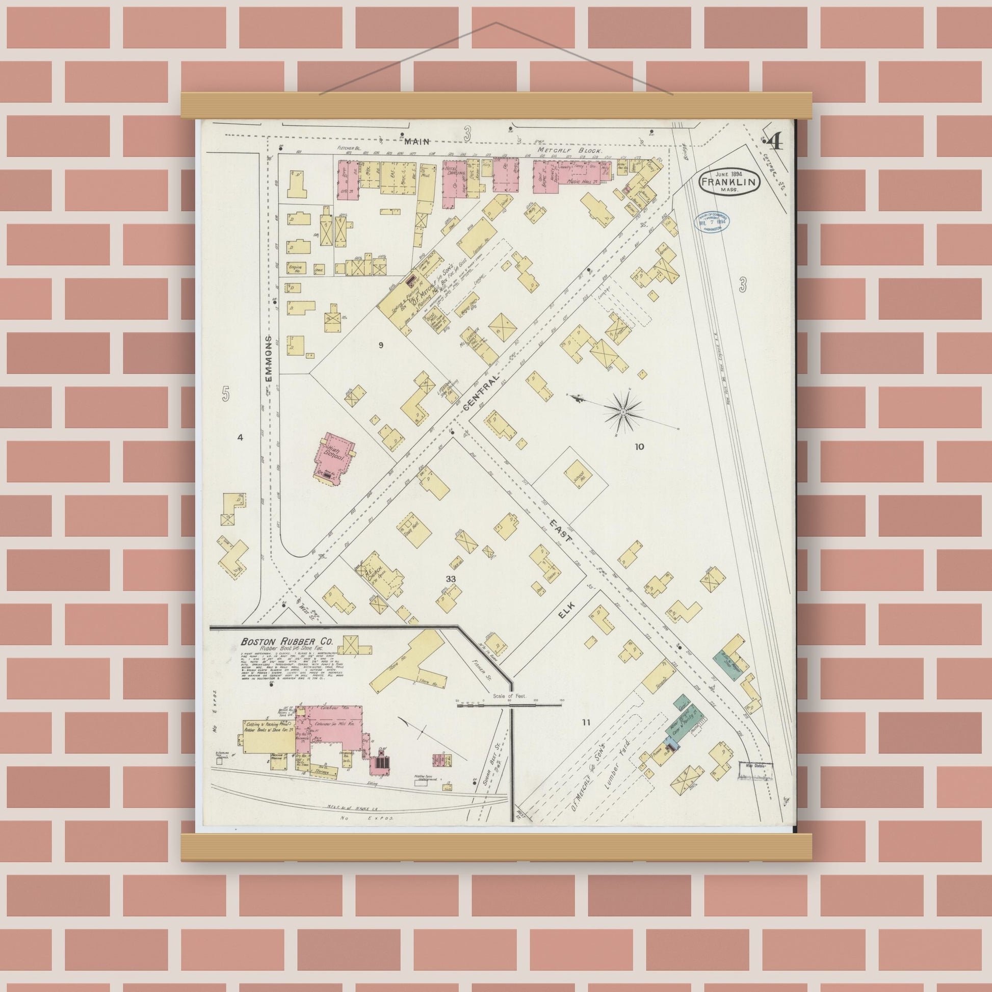 Old map wall art mockup — magnetic wood frame on brick wall — Sanborn Fire Insurance Map from Franklin, Norfolk County, Massachusetts (1894), Sheet #0004