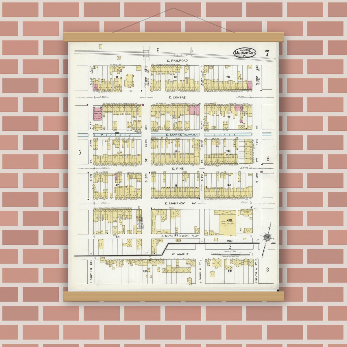 Old map wall art mockup — magnetic wood frame on brick wall — Sanborn Fire Insurance Map from Mahanoy City, Schuylkill County, Pennsylvania (1920), Sheet #0007