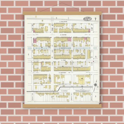 Old map wall art mockup — magnetic wood frame on brick wall — Sanborn Fire Insurance Map from Mahanoy City, Schuylkill County, Pennsylvania (1920), Sheet #0007