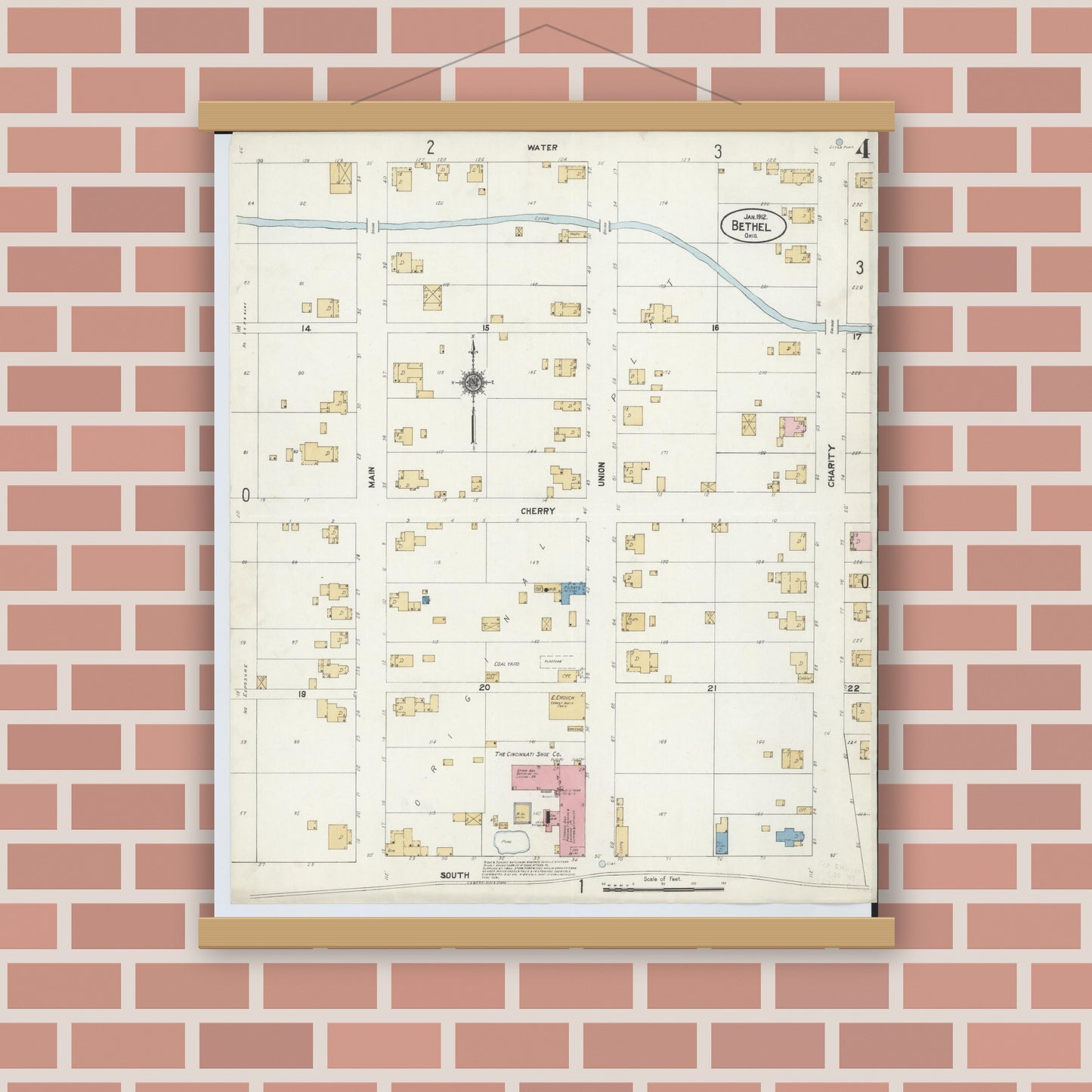 Old map wall art mockup — magnetic wood frame on brick wall — Sanborn Fire Insurance Map from Bethel, Clermont County, Ohio (1912), Sheet #0004