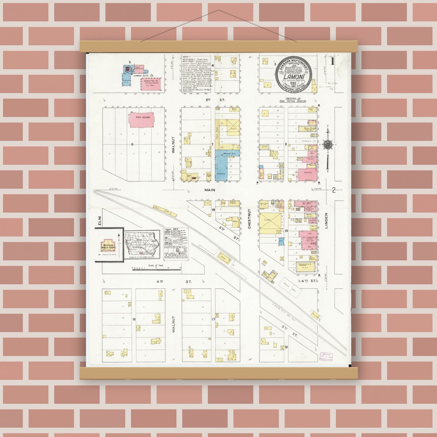 Old map wall art mockup — magnetic wood frame on brick wall — Sanborn Fire Insurance Map from Lamoni, Decatur County, Iowa (1916) â€” Complete Set