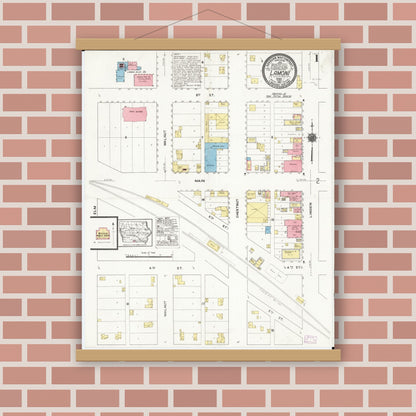 Old map wall art mockup — magnetic wood frame on brick wall — Sanborn Fire Insurance Map from Lamoni, Decatur County, Iowa (1916) â€” Complete Set