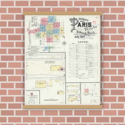 Old map wall art mockup — magnetic wood frame on brick wall — Sanborn Fire Insurance Map from Paris, Lamar County, Texas (1897) - Complete Map Set