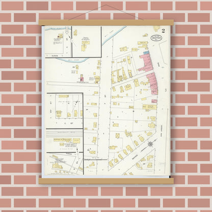 Old map wall art mockup — magnetic wood frame on brick wall — Sanborn Fire Insurance Map from Dexter, Washtenaw County, Michigan (1912), Sheet #0002