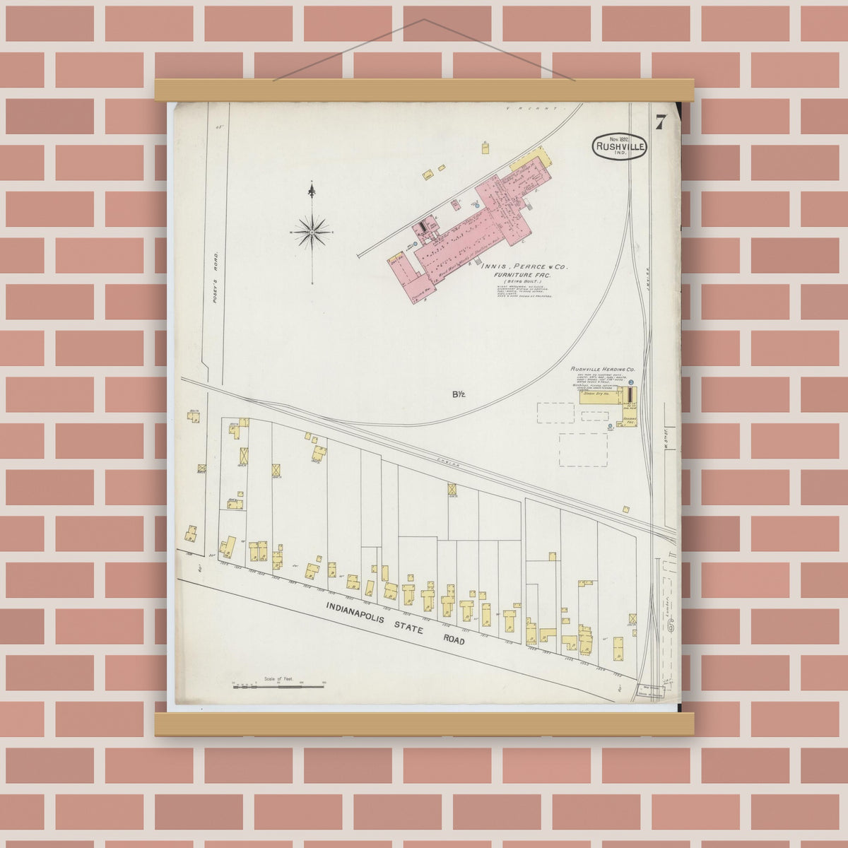 Old map wall art mockup — magnetic wood frame on brick wall — Sanborn Fire Insurance Map from Rushville, Rush County, Indiana (1892), Sheet #0007