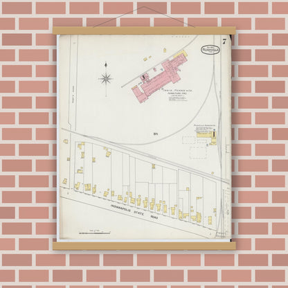 Old map wall art mockup — magnetic wood frame on brick wall — Sanborn Fire Insurance Map from Rushville, Rush County, Indiana (1892), Sheet #0007