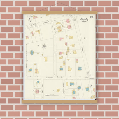 Old map wall art mockup — magnetic wood frame on brick wall — Sanborn Fire Insurance Map from Lansdowne, Delaware County, Pennsylvania (1908), Sheet #0012
