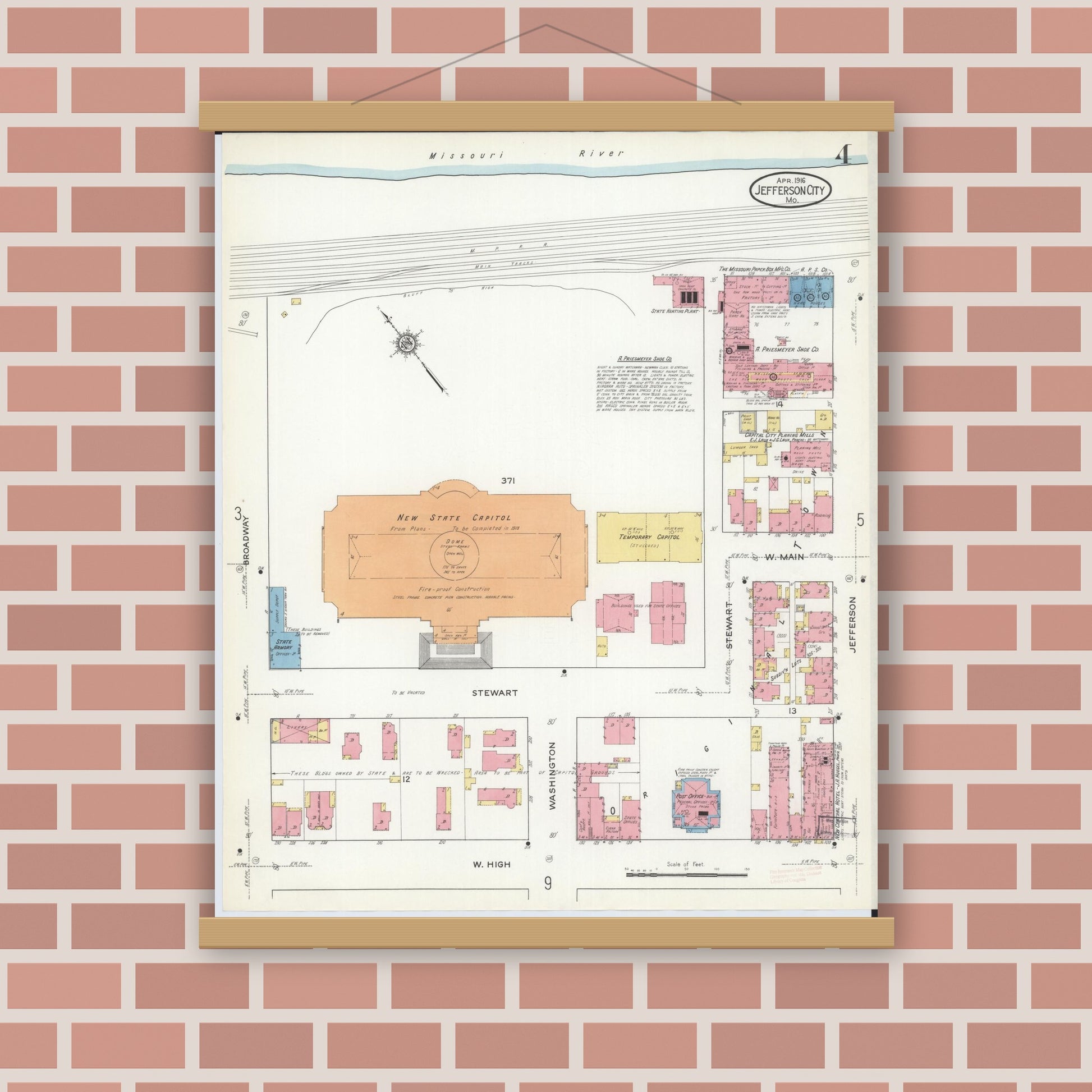 Old map wall art mockup — magnetic wood frame on brick wall — Sanborn Fire Insurance Map from Jefferson City, Cole County, Missouri (1916), Sheet #0004