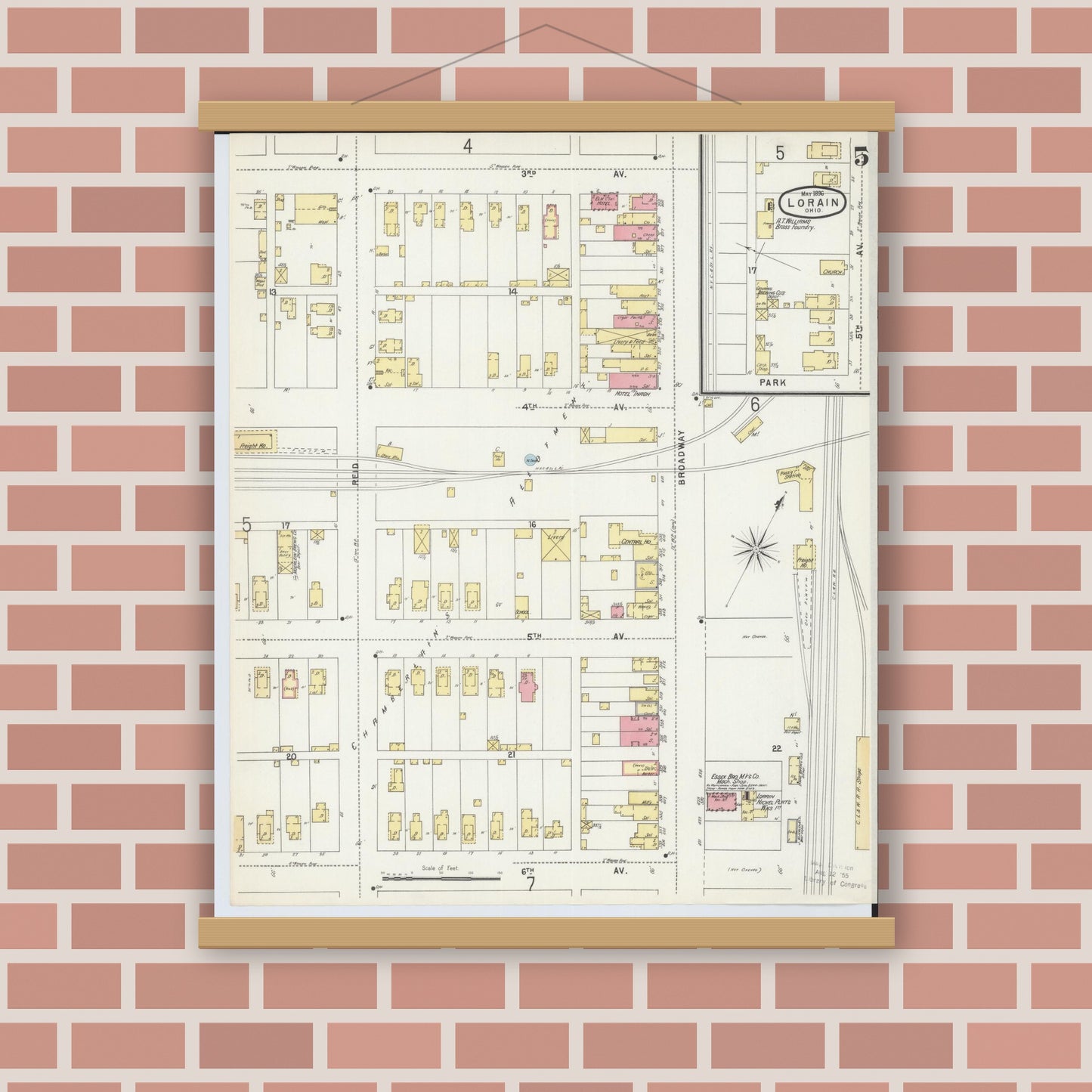 Old map wall art mockup — magnetic wood frame on brick wall — Sanborn Fire Insurance Map from Lorain, Lorain County, Ohio (1896), Sheet #0005