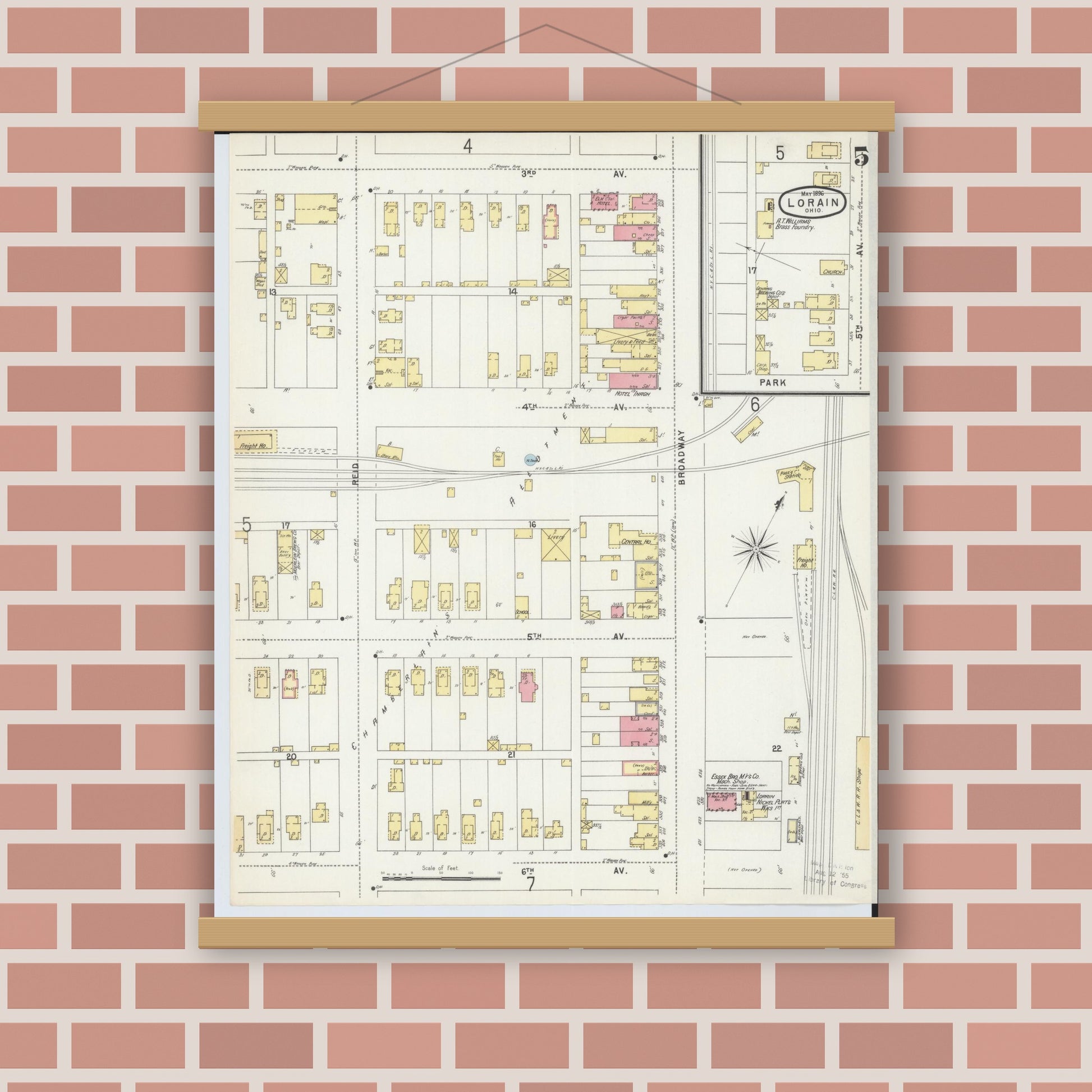 Old map wall art mockup — magnetic wood frame on brick wall — Sanborn Fire Insurance Map from Lorain, Lorain County, Ohio (1896), Sheet #0005