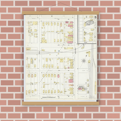 Old map wall art mockup — magnetic wood frame on brick wall — Sanborn Fire Insurance Map from Lorain, Lorain County, Ohio (1896), Sheet #0005