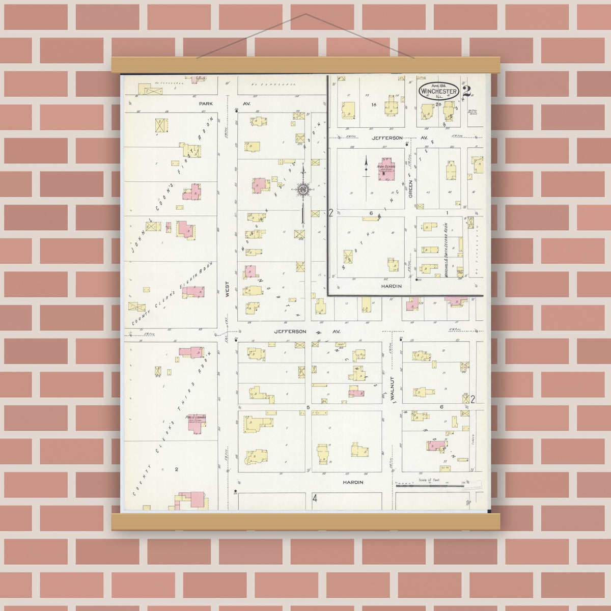 Old map wall art mockup — magnetic wood frame on brick wall — Sanborn Fire Insurance Map from Winchester, Scott County, Illinois (1914), Sheet #0002