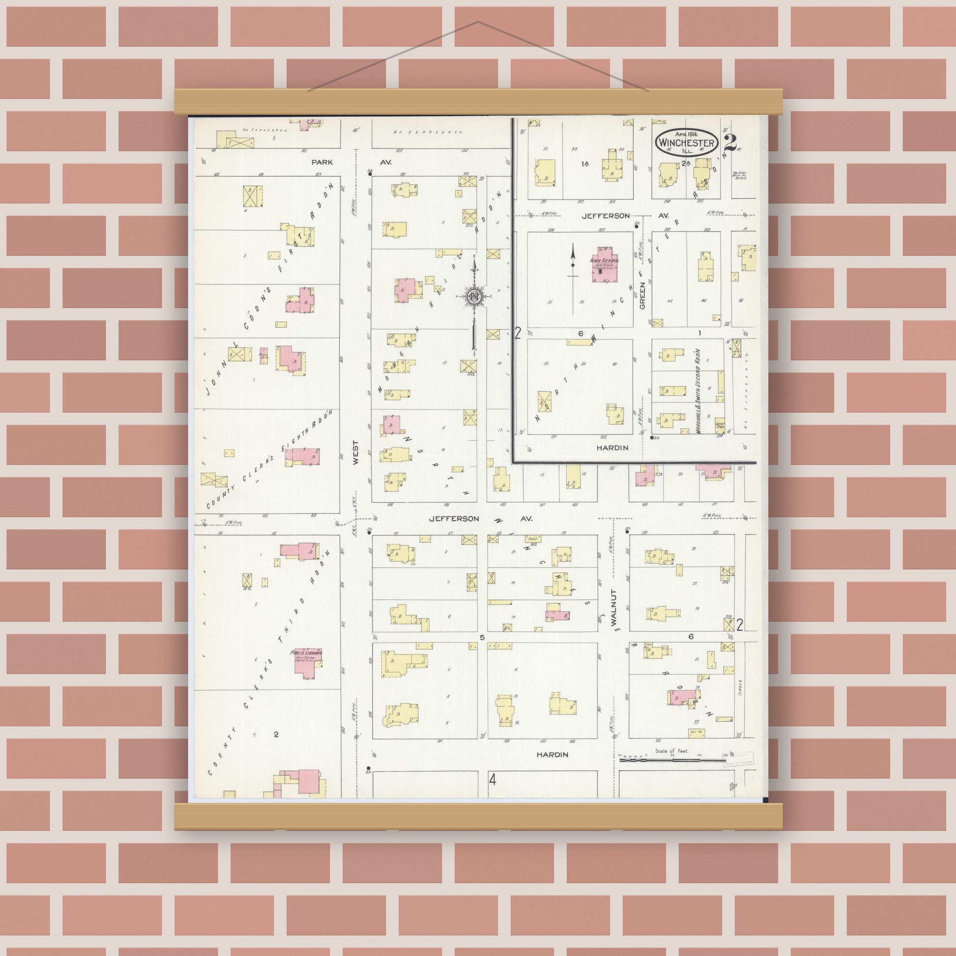 Old map wall art mockup — magnetic wood frame on brick wall — Sanborn Fire Insurance Map from Winchester, Scott County, Illinois (1914), Sheet #0002