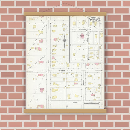 Old map wall art mockup — magnetic wood frame on brick wall — Sanborn Fire Insurance Map from Winchester, Scott County, Illinois (1914), Sheet #0002