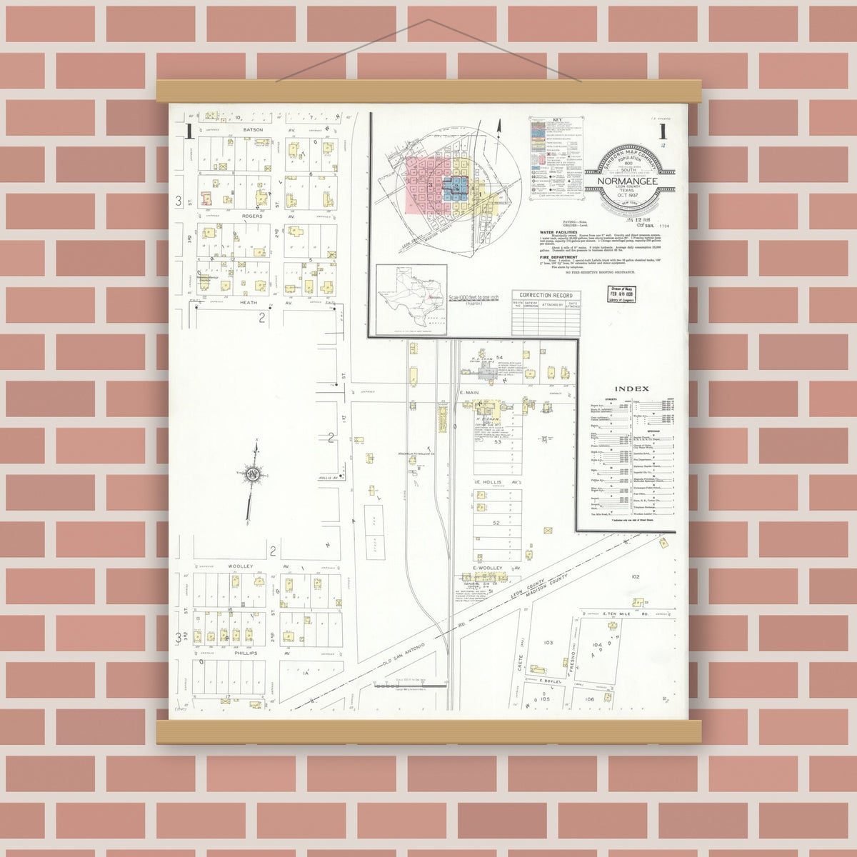 Old map wall art mockup — magnetic wood frame on brick wall — Sanborn Fire Insurance Map from Normangee, Leon County, Texas (1937) - Complete Map Set