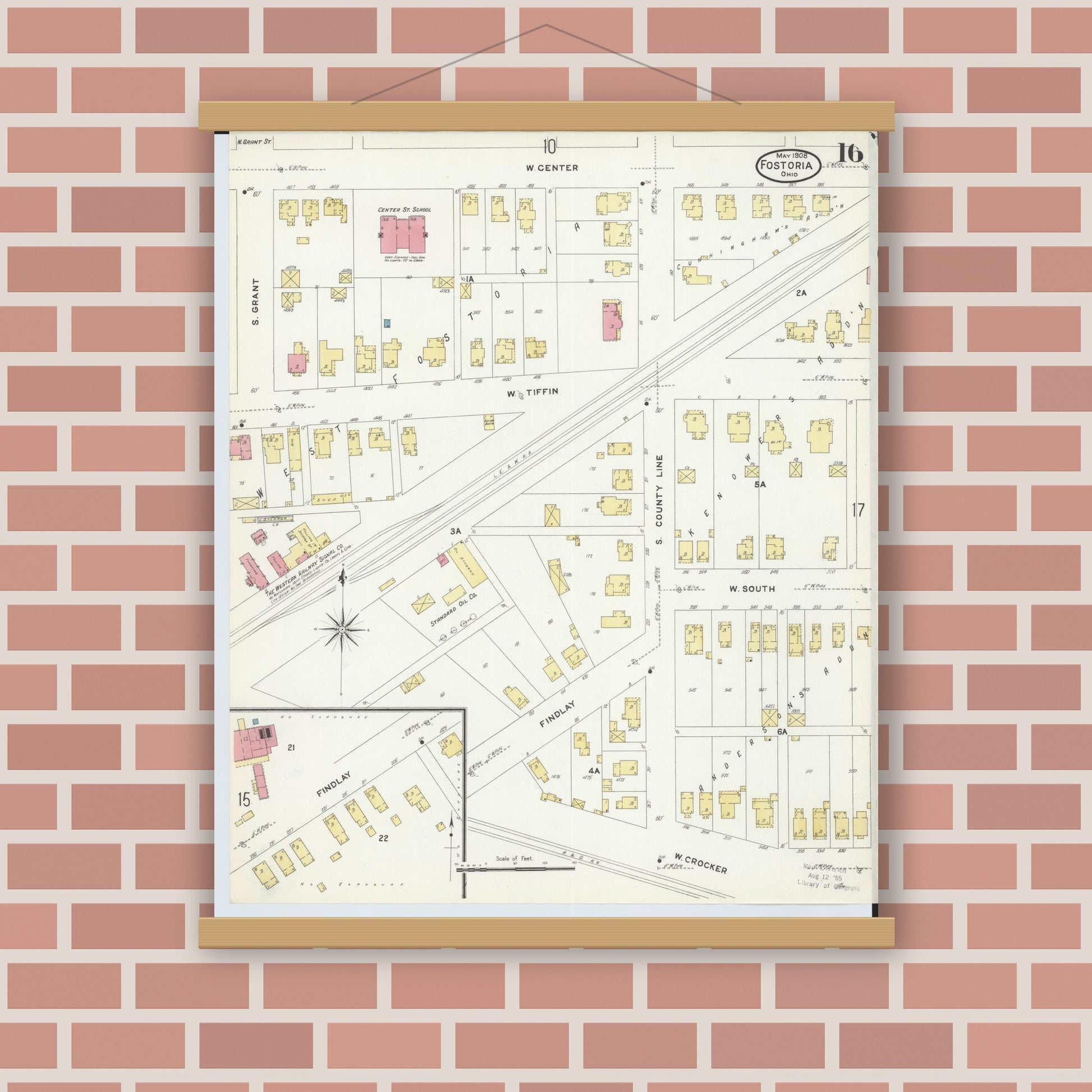 Old map wall art mockup — magnetic wood frame on brick wall — Sanborn Fire Insurance Map from Fostoria, Seneca, Hancock, And Wood Counties, Ohio (1908), Sheet #0016