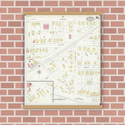 Old map wall art mockup — magnetic wood frame on brick wall — Sanborn Fire Insurance Map from Fostoria, Seneca, Hancock, And Wood Counties, Ohio (1908), Sheet #0016