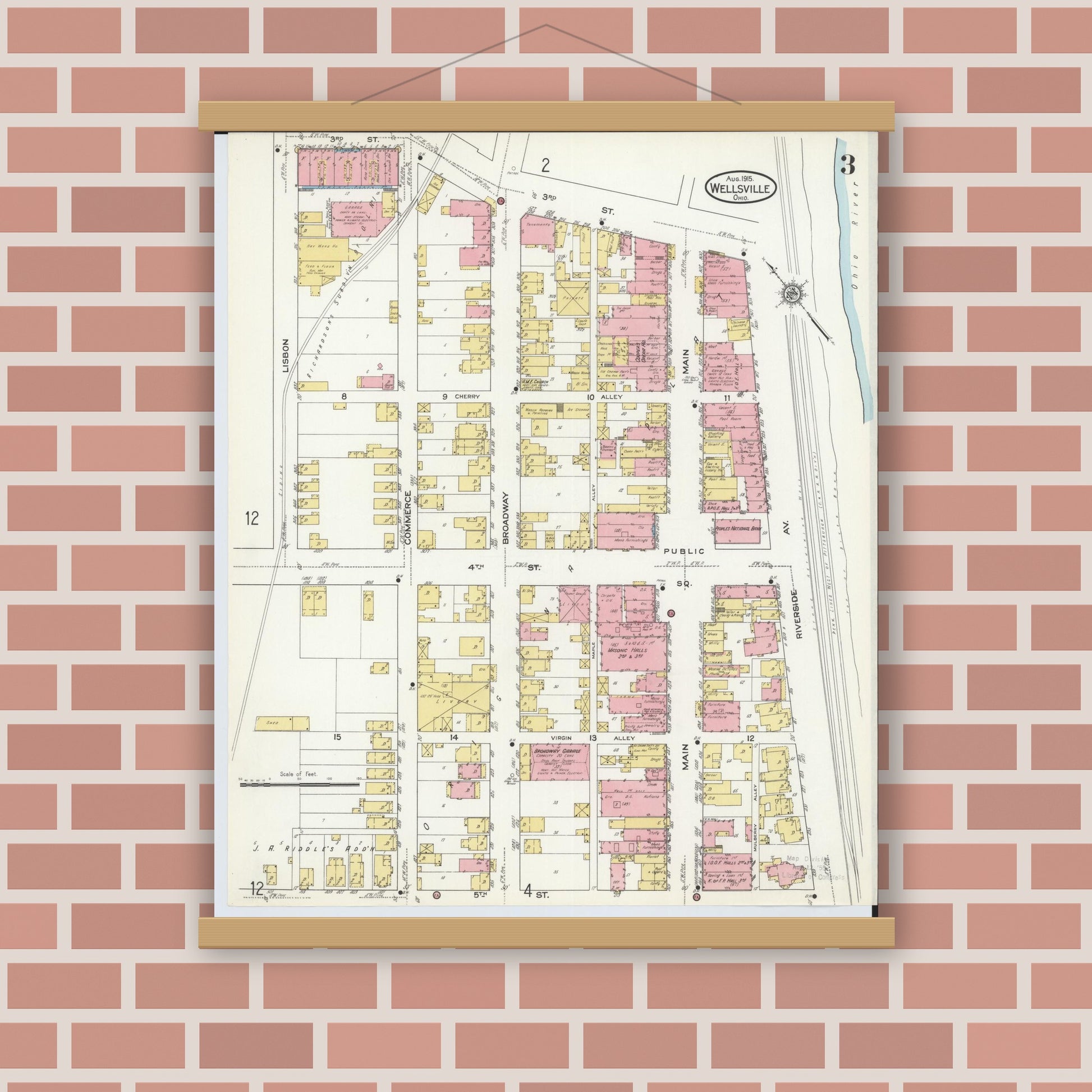 Old map wall art mockup — magnetic wood frame on brick wall — Sanborn Fire Insurance Map from Wellsville, Columbiana County, Ohio (1915), Sheet #0003