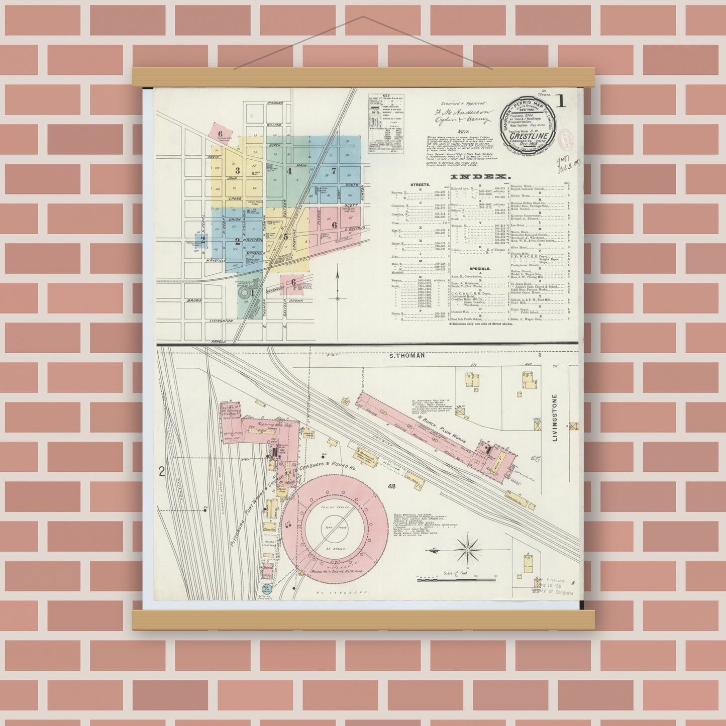 Old map wall art mockup — magnetic wood frame on brick wall — Sanborn Fire Insurance Map from Crestline, Crawford County, Ohio (1896), Sheet #0001