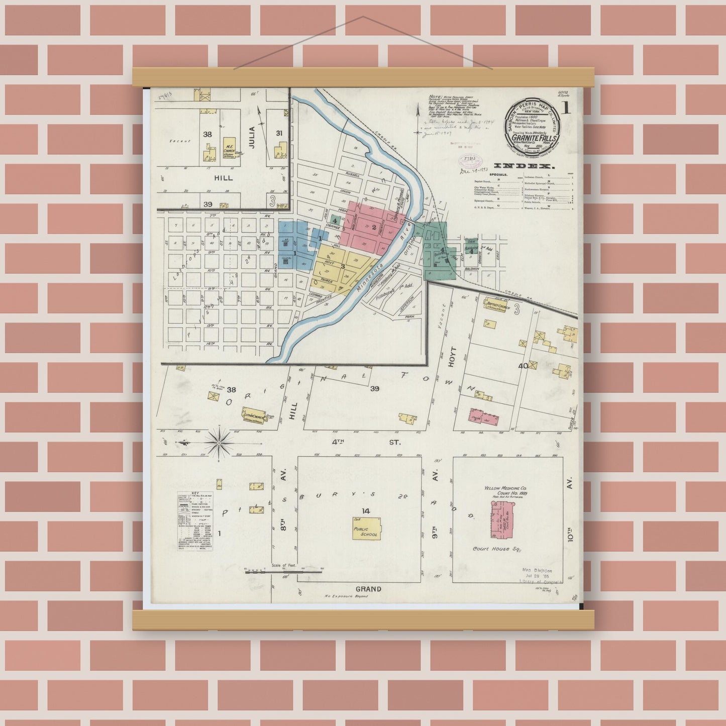 Old map wall art mockup — magnetic wood frame on brick wall — Sanborn Fire Insurance Map from Granite Falls, Yellow Medicine And Chippewa Counties, Minnesota (1893), Sheet #0001