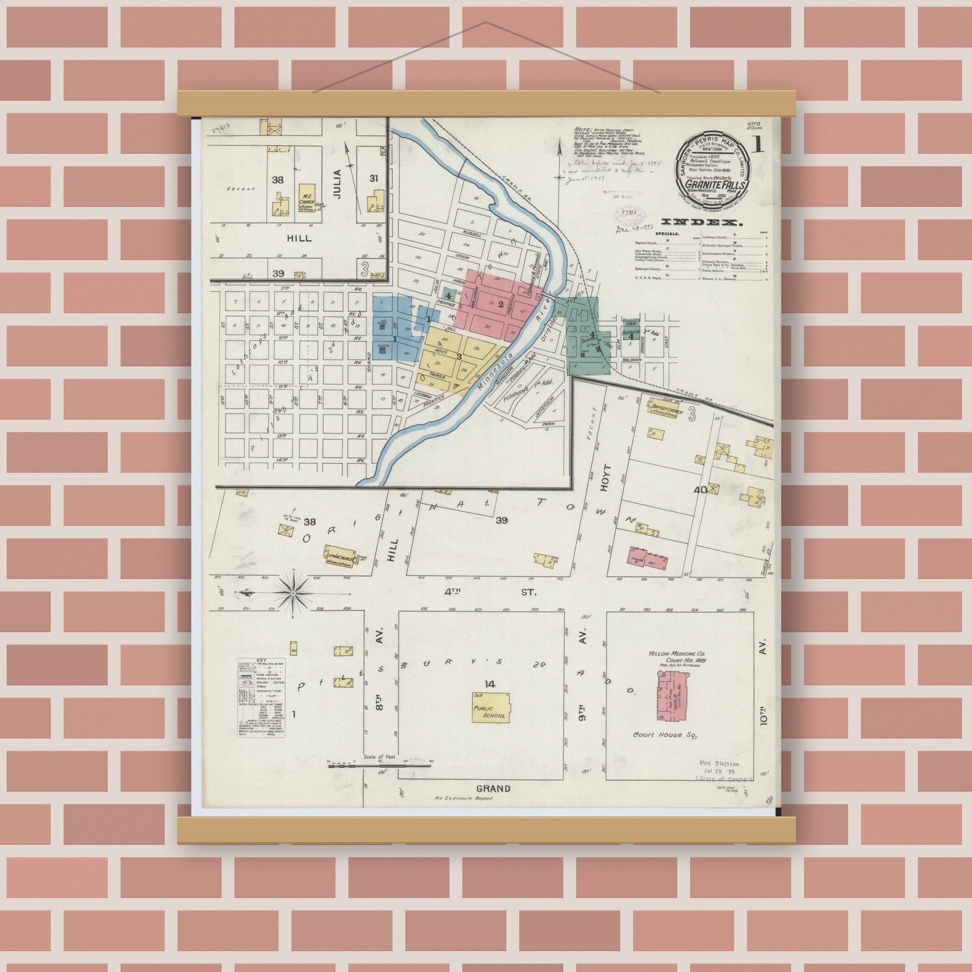 Old map wall art mockup — magnetic wood frame on brick wall — Sanborn Fire Insurance Map from Granite Falls, Yellow Medicine And Chippewa Counties, Minnesota (1893), Sheet #0001