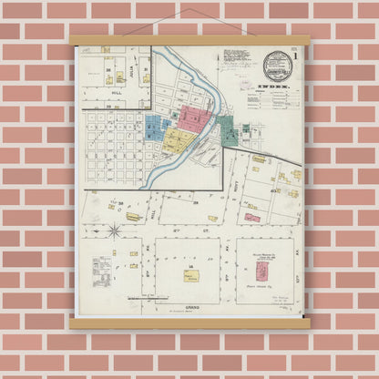 Old map wall art mockup — magnetic wood frame on brick wall — Sanborn Fire Insurance Map from Granite Falls, Yellow Medicine And Chippewa Counties, Minnesota (1893), Sheet #0001