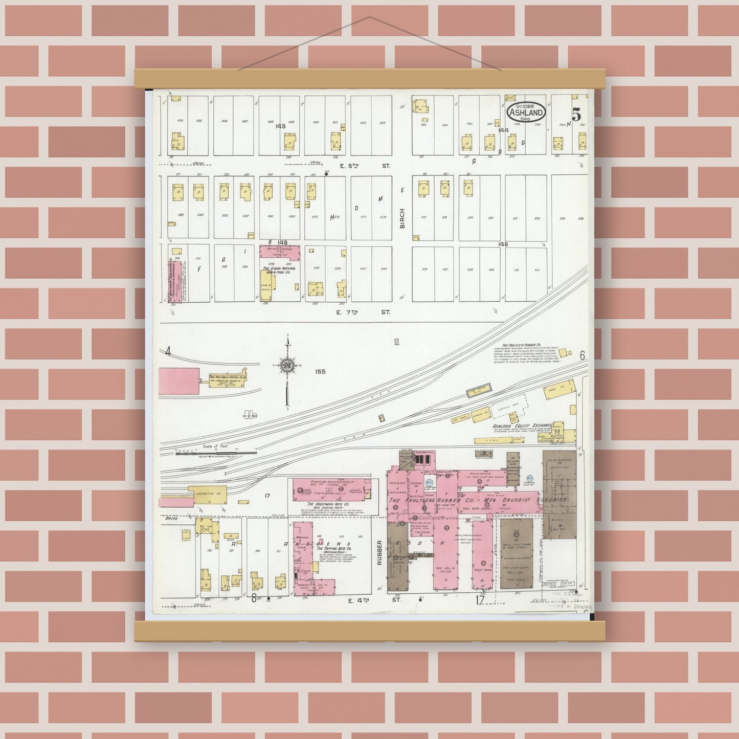 Old map wall art mockup — magnetic wood frame on brick wall — Sanborn Fire Insurance Map from Ashland, Ashland County, Ohio (1919), Sheet #0005