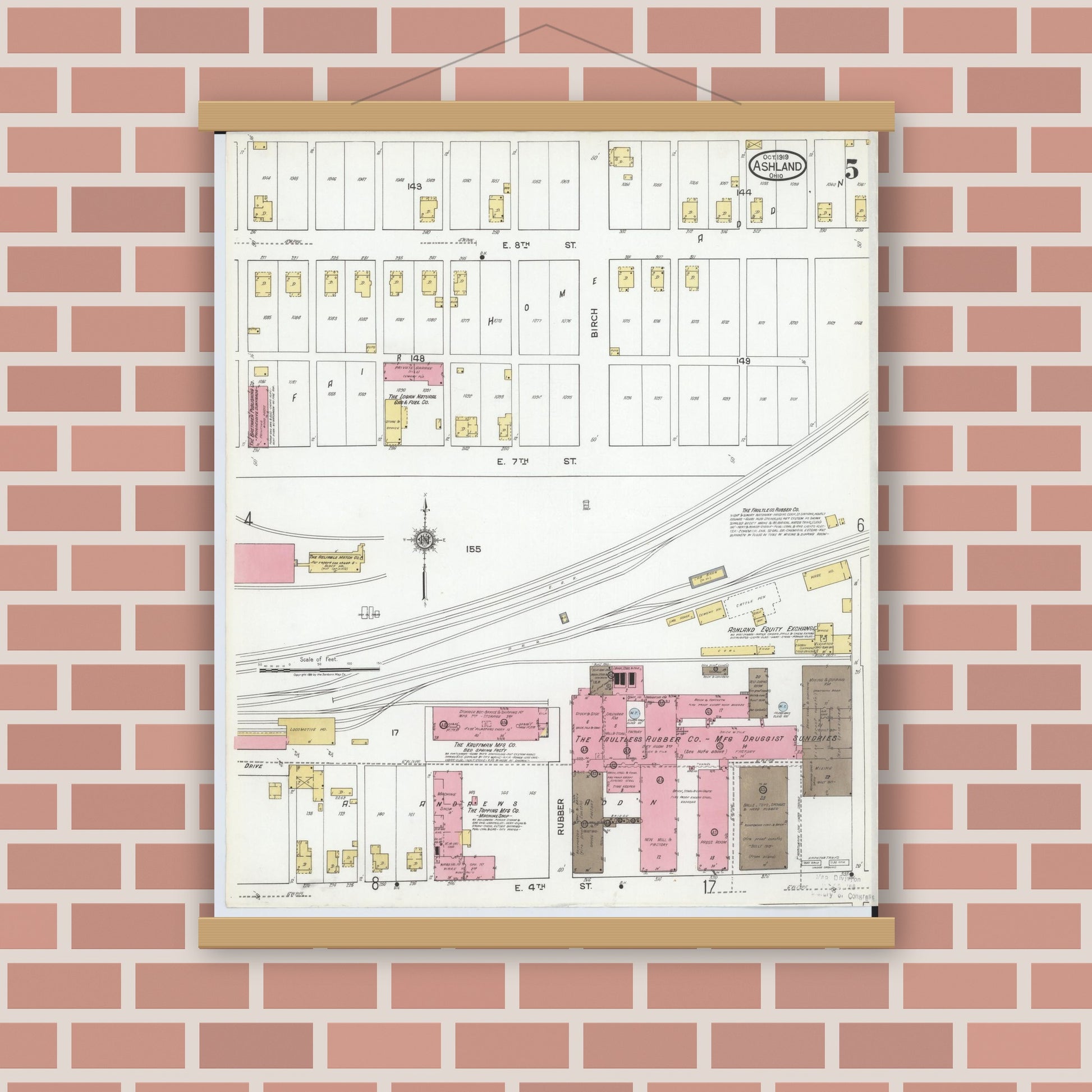 Old map wall art mockup — magnetic wood frame on brick wall — Sanborn Fire Insurance Map from Ashland, Ashland County, Ohio (1919), Sheet #0005