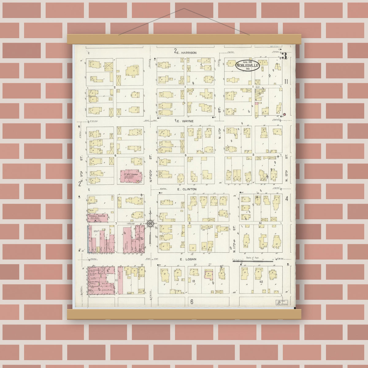 Old map wall art mockup — magnetic wood frame on brick wall — Sanborn Fire Insurance Map from Noblesville, Hamilton County, Indiana (1914), Sheet #0003
