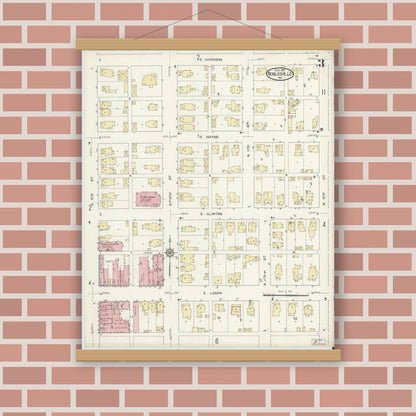 Old map wall art mockup — magnetic wood frame on brick wall — Sanborn Fire Insurance Map from Noblesville, Hamilton County, Indiana (1914), Sheet #0003